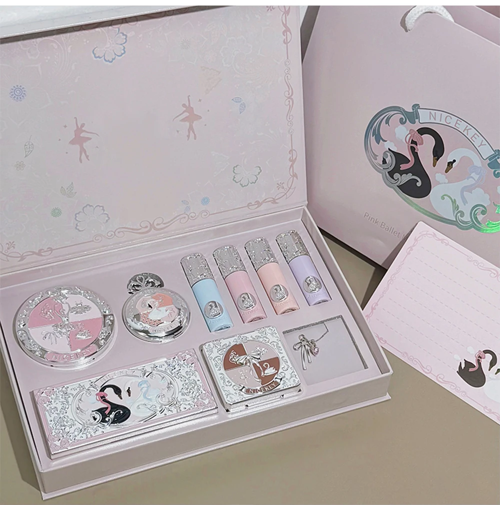 NICEKEY Pink Ballet Makeup Sets Include 4 Lip Mud,1 Blush,1 Pressed Powder,1 Eyes Palette,1 Contour Palette With Necklace Gift