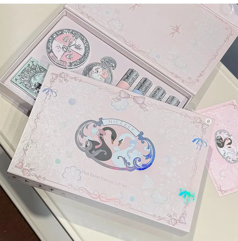 NICEKEY Pink Ballet Makeup Sets Include 4 Lip Mud,1 Blush,1 Pressed Powder,1 Eyes Palette,1 Contour Palette With Necklace Gift