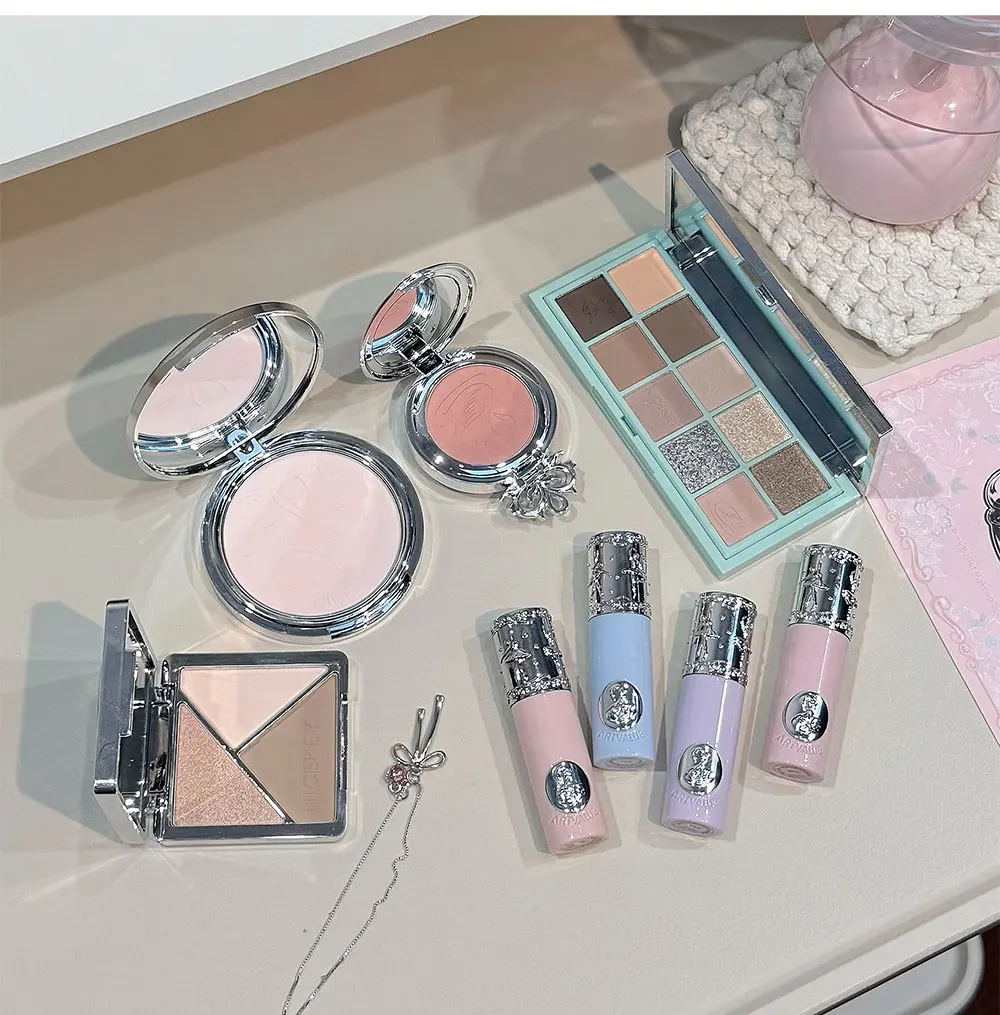 NICEKEY Pink Ballet Makeup Sets Include 4 Lip Mud,1 Blush,1 Pressed Powder,1 Eyes Palette,1 Contour Palette With Necklace Gift