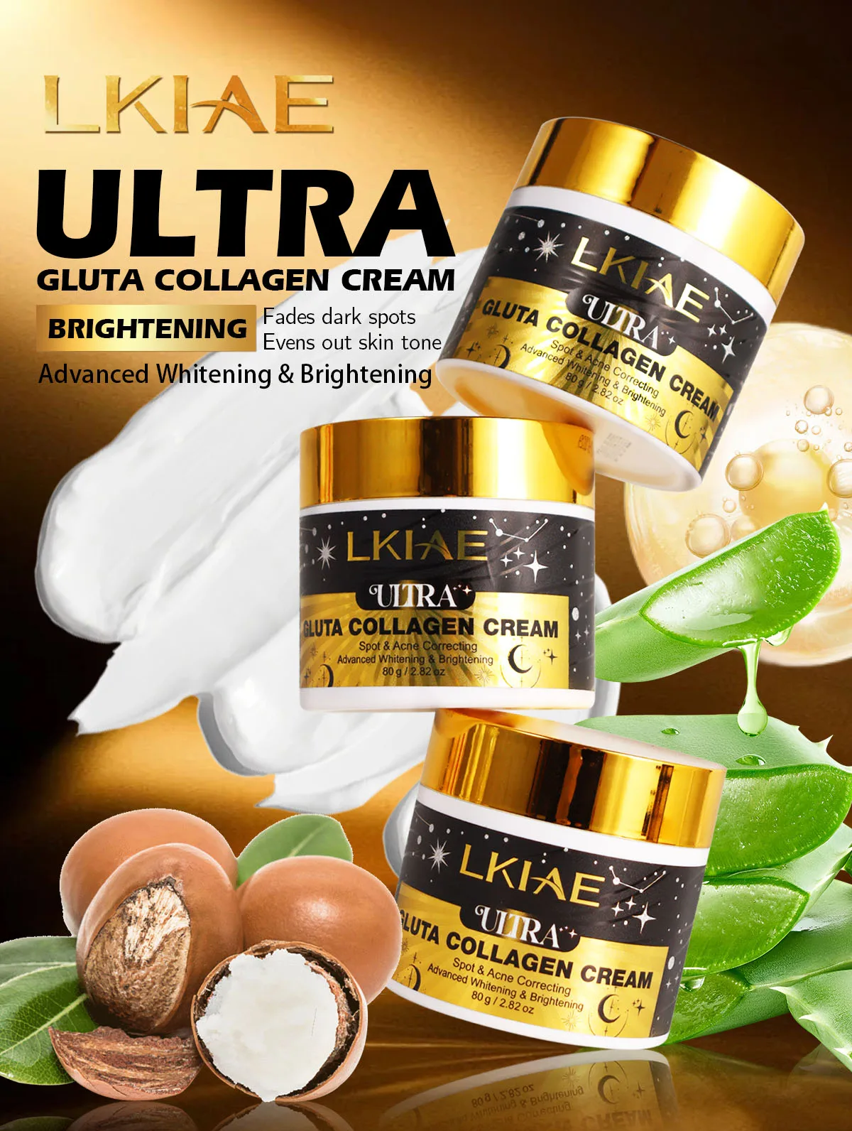 LKIAE Ultra Glutathione Collagen Whitening Face Cream, Acne and Spots Correcting, Even Skin Tone, Reduce Hyperpigmentation, 80g