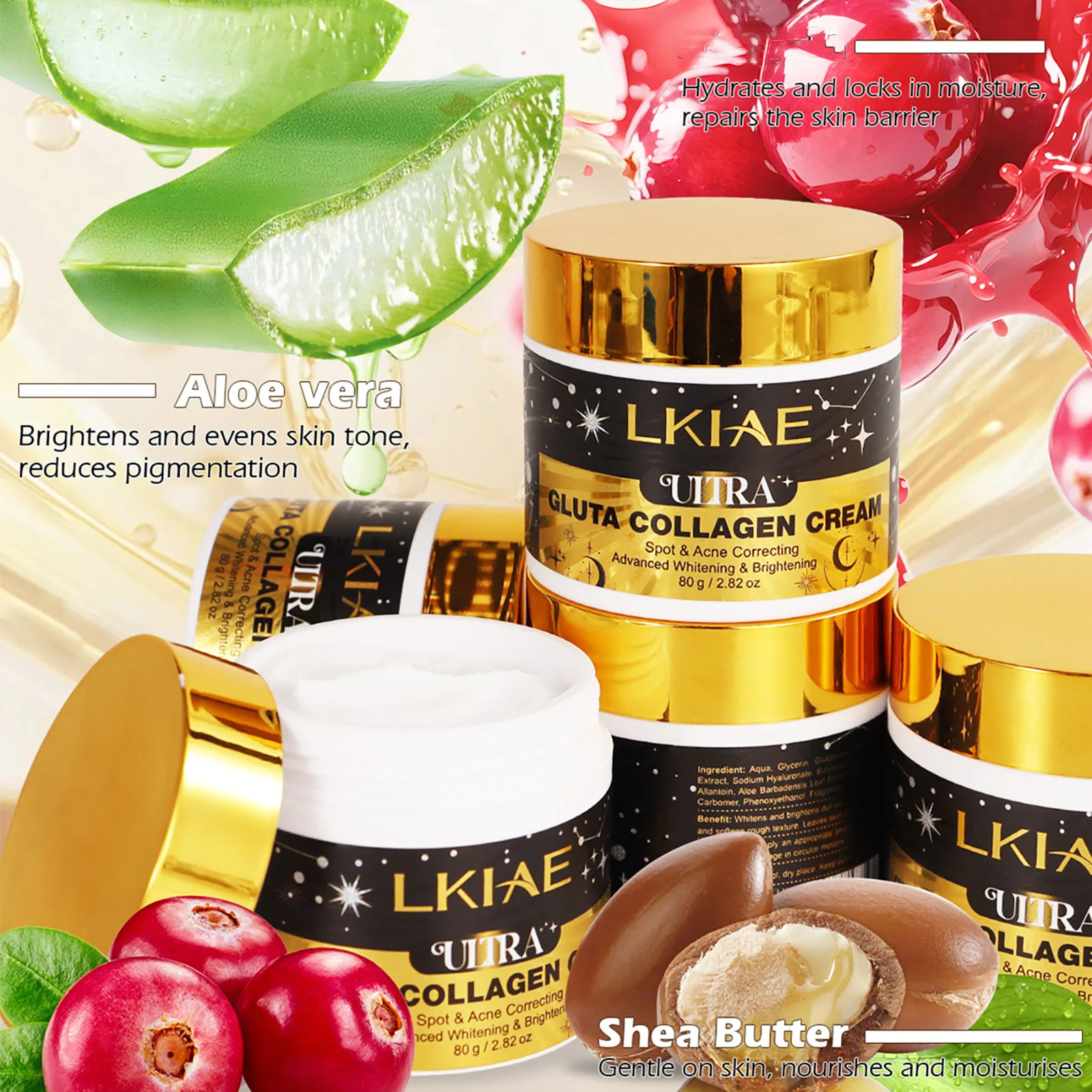 LKIAE Ultra Glutathione Collagen Whitening Face Cream, Acne and Spots Correcting, Even Skin Tone, Reduce Hyperpigmentation, 80g