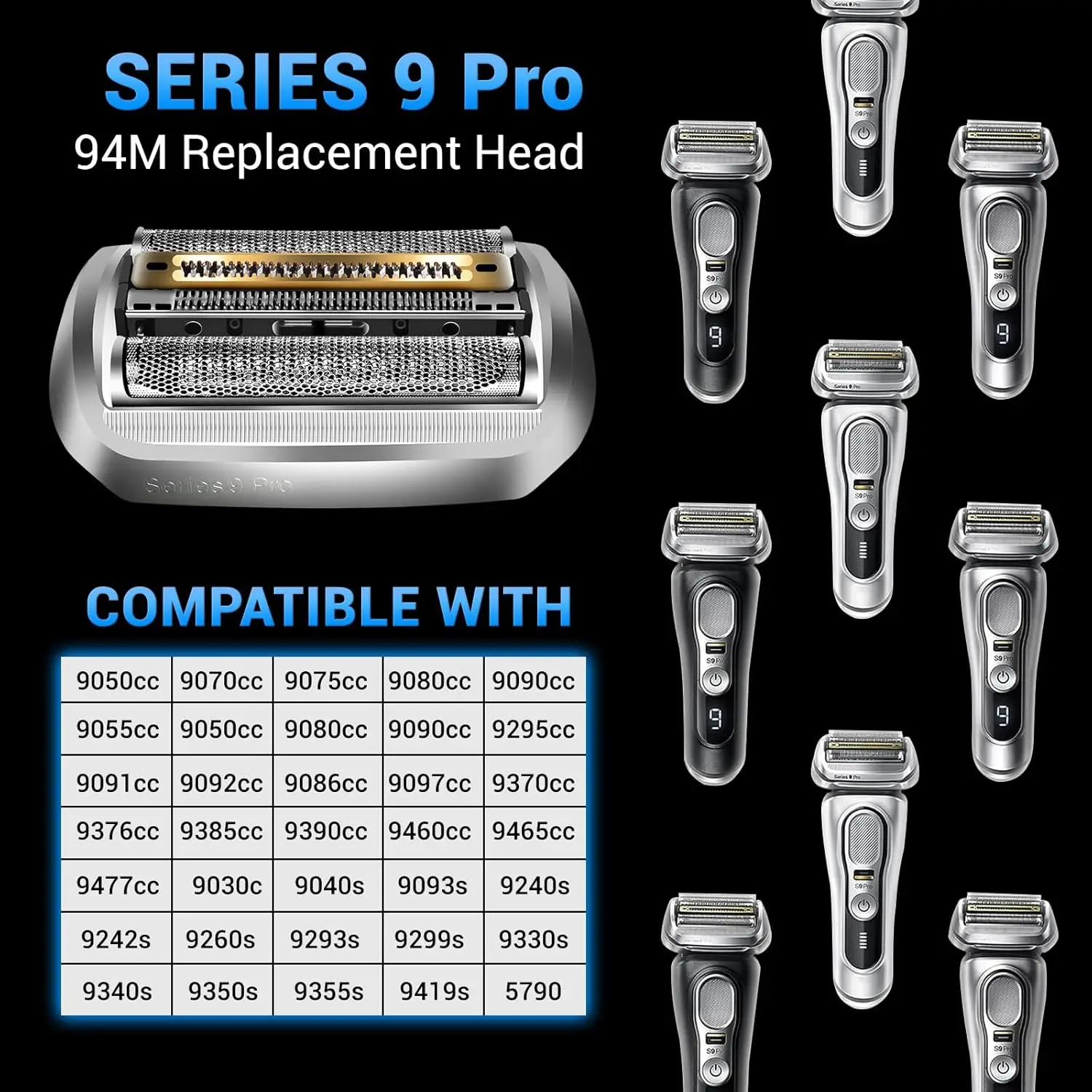 Electric Series 9 Pro 94M Replacement Head Shaving for Braun 94M Razor 9030S 9040S 9050CC 9070CC 9040s9 Electric Razors (1 Pack)