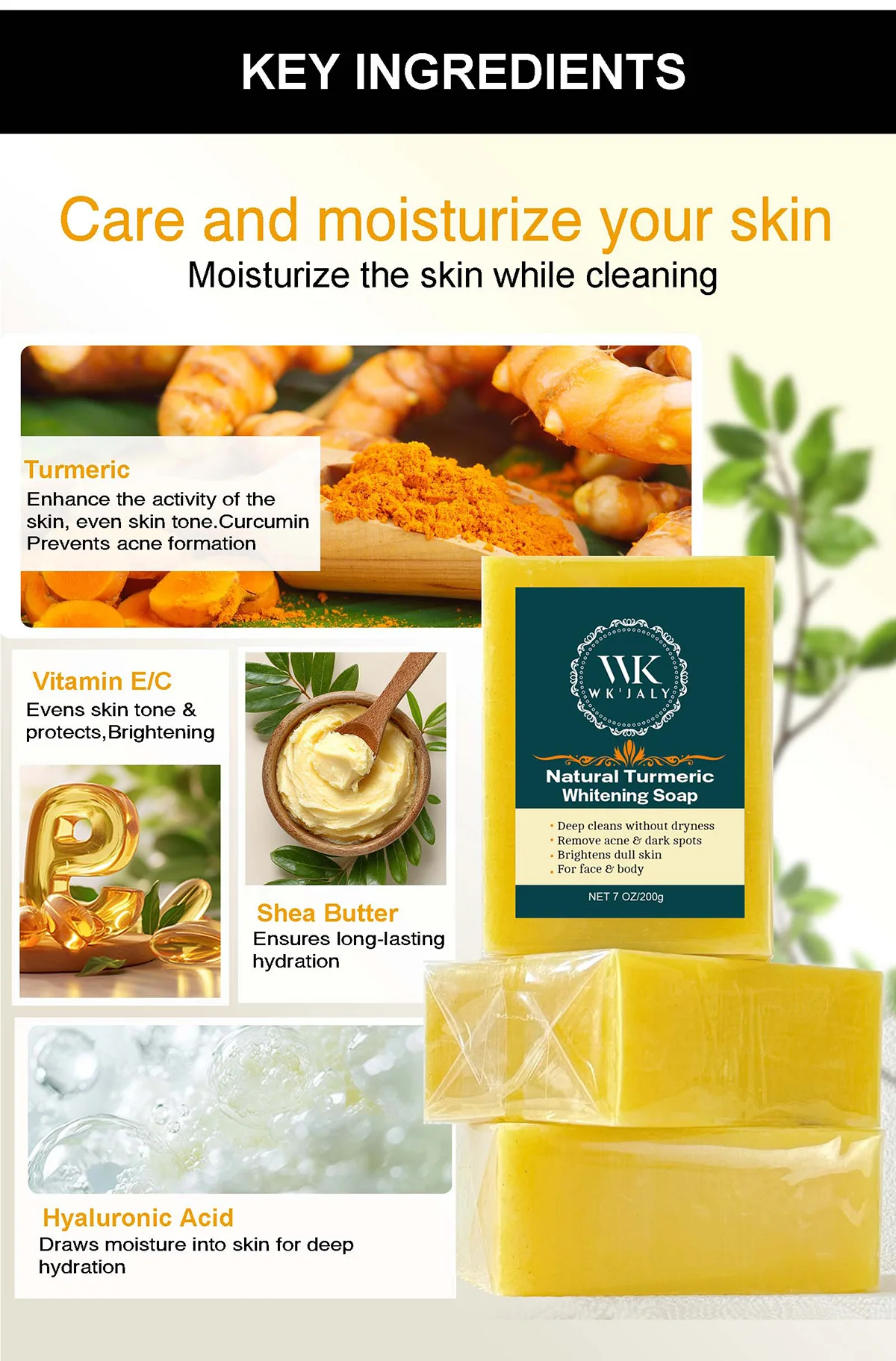 WK JALY Turmeric Lightening Soap Bar, Anti Acne, Dark Spots, With Hyaluronic Acid, Even Skin Tone, For All Skin Types