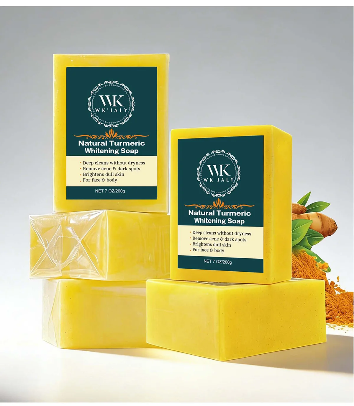 WK JALY Turmeric Lightening Soap Bar, Anti Acne, Dark Spots, With Hyaluronic Acid, Even Skin Tone, For All Skin Types