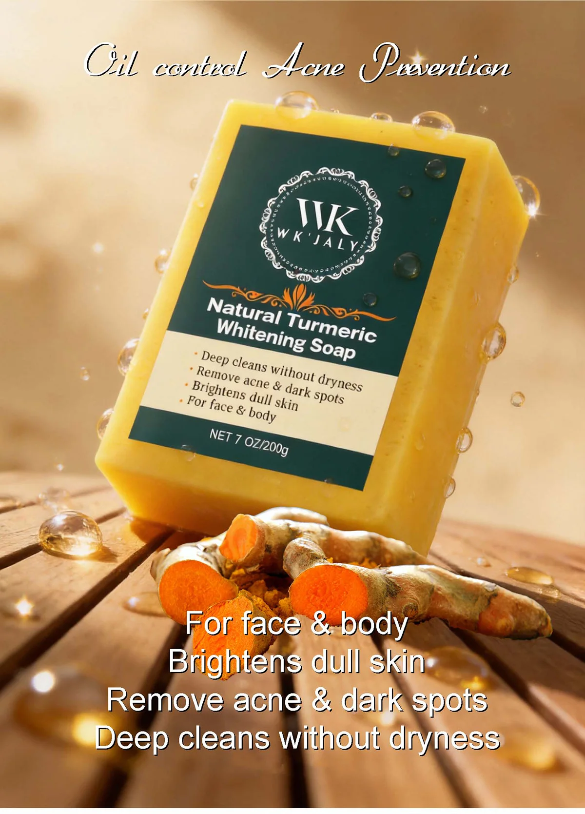 WK JALY Turmeric Lightening Soap Bar, Anti Acne, Dark Spots, With Hyaluronic Acid, Even Skin Tone, For All Skin Types