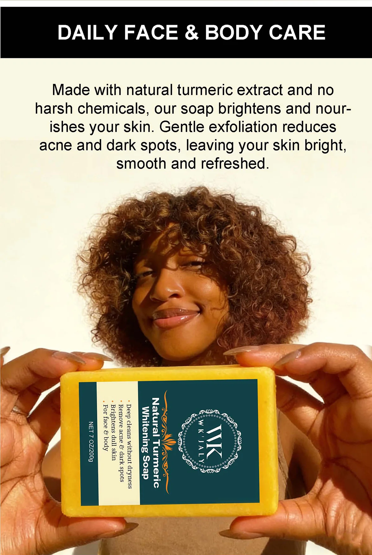 WK JALY Turmeric Lightening Soap Bar, Anti Acne, Dark Spots, With Hyaluronic Acid, Even Skin Tone, For All Skin Types