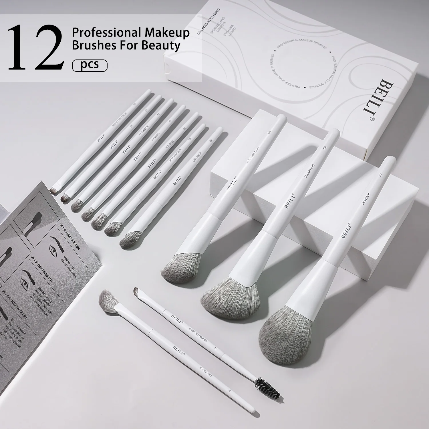 12-Piece Vegan Makeup Brush Set for Powder Foundation Concealer Eyebrows Eyeshadow Contour Eyeliner Blender Eye Brushes