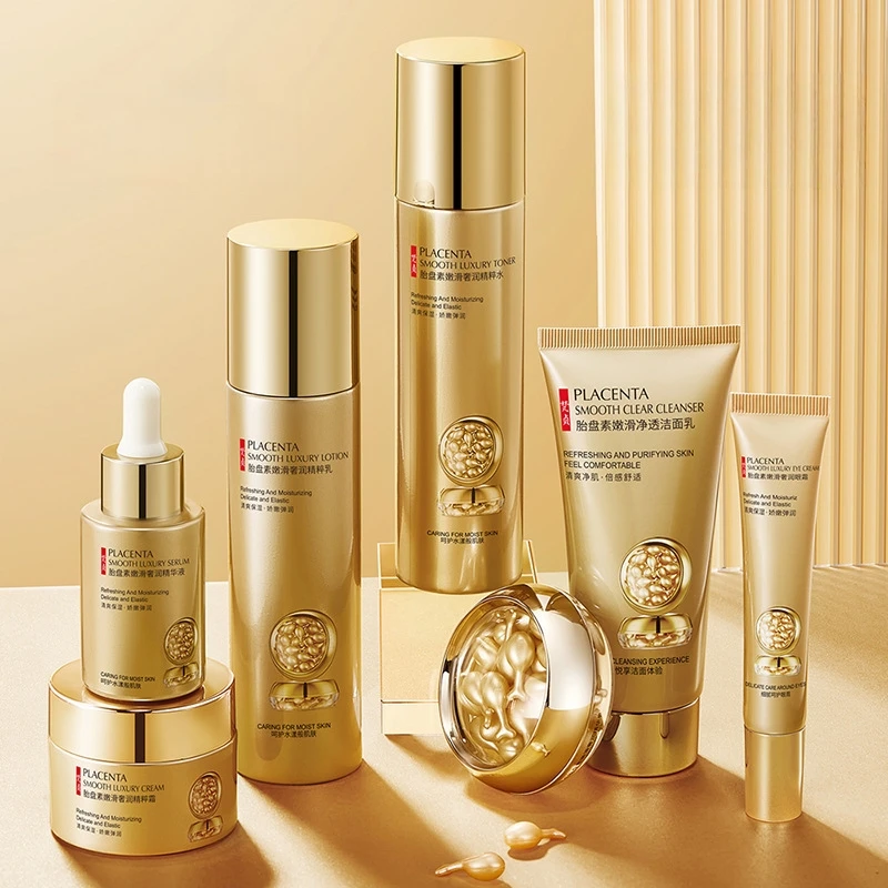 Placenta Skin Care Seven-Piece Set, Rich in Placenta Essence, Moisturizing Skin Care Products, Hydrating, Nourishing, and Refreshing, the Set Includes Facial Serum, Eye Cream, Face Cream, Facial Cleanser, Essence Cream, Suitable for All Skin Types, Leaving Skin Delicate and Smooth, Looking Younger It Is a Skincare Gift for My Wife and Mother.