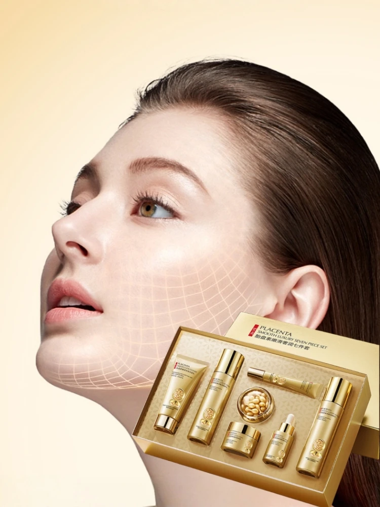 Placenta Skin Care Seven-Piece Set, Rich in Placenta Essence, Moisturizing Skin Care Products, Hydrating, Nourishing, and Refreshing, the Set Includes Facial Serum, Eye Cream, Face Cream, Facial Cleanser, Essence Cream, Suitable for All Skin Types, Leaving Skin Delicate and Smooth, Looking Younger It Is a Skincare Gift for My Wife and Mother.