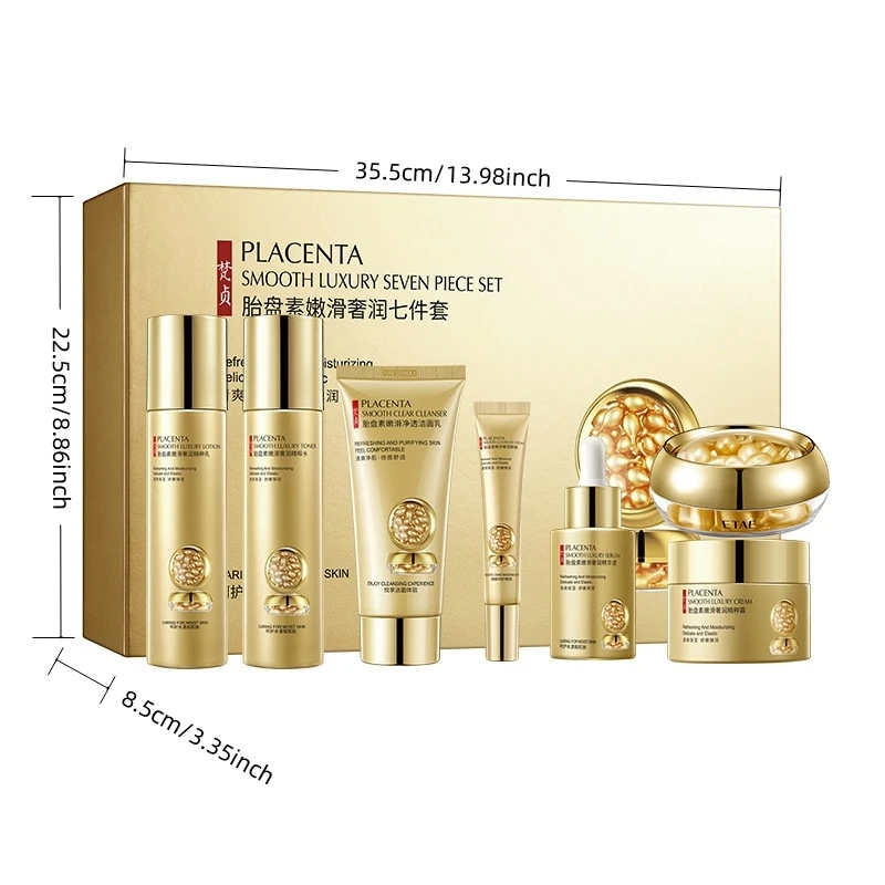 Placenta Skin Care Seven-Piece Set, Rich in Placenta Essence, Moisturizing Skin Care Products, Hydrating, Nourishing, and Refreshing, the Set Includes Facial Serum, Eye Cream, Face Cream, Facial Cleanser, Essence Cream, Suitable for All Skin Types, Leaving Skin Delicate and Smooth, Looking Younger It Is a Skincare Gift for My Wife and Mother.