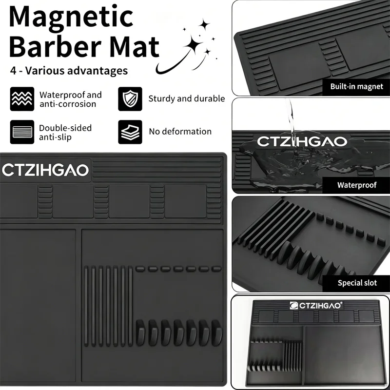 Magnetic Barber Mats for Clippers Dedicated Slots Anti-Slip Heat Resistant Barber Station Organizer Mat