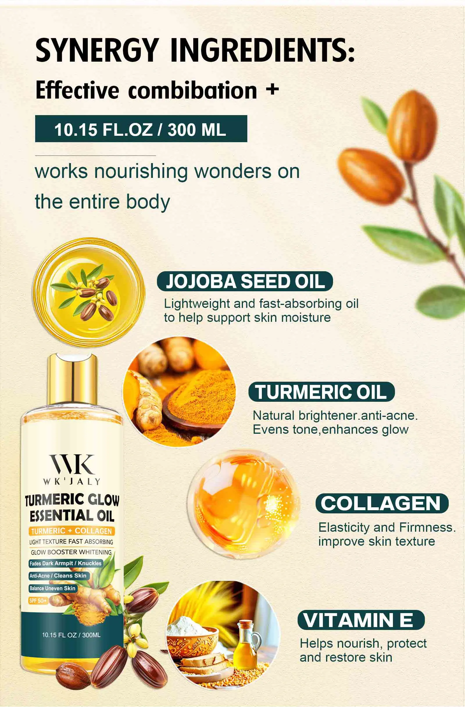 WK JALY Turmeric Whitening Essential Oil, With Collagen, Moisturizing, Brighten, Remove Acne, Dark Spots, for All Skin, 300ml