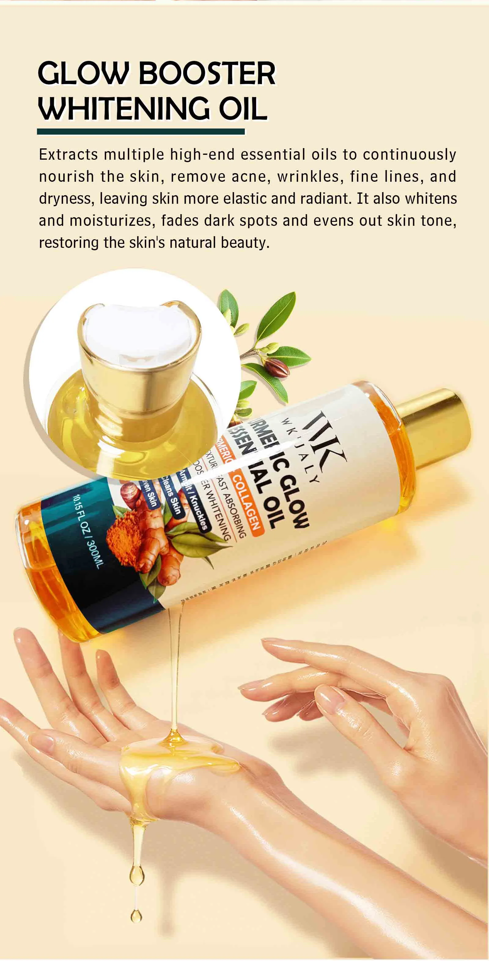 WK JALY Turmeric Whitening Essential Oil, With Collagen, Moisturizing, Brighten, Remove Acne, Dark Spots, for All Skin, 300ml