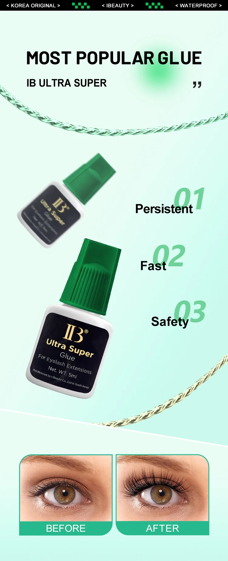 50 Bottles IBeauty Ultra Super Glue for Eyelash Extensions 5ml IB Green Cap False Lash Adhesive Makeup Tools Korea Supplies Cola