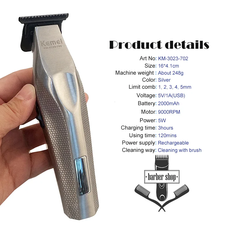 Kemei Hair Trimmer Professional Hair Clipper Electric Haircut Machine Rechargeable Hair Clipper 0 MM Trimmer for Men KM-3023-702