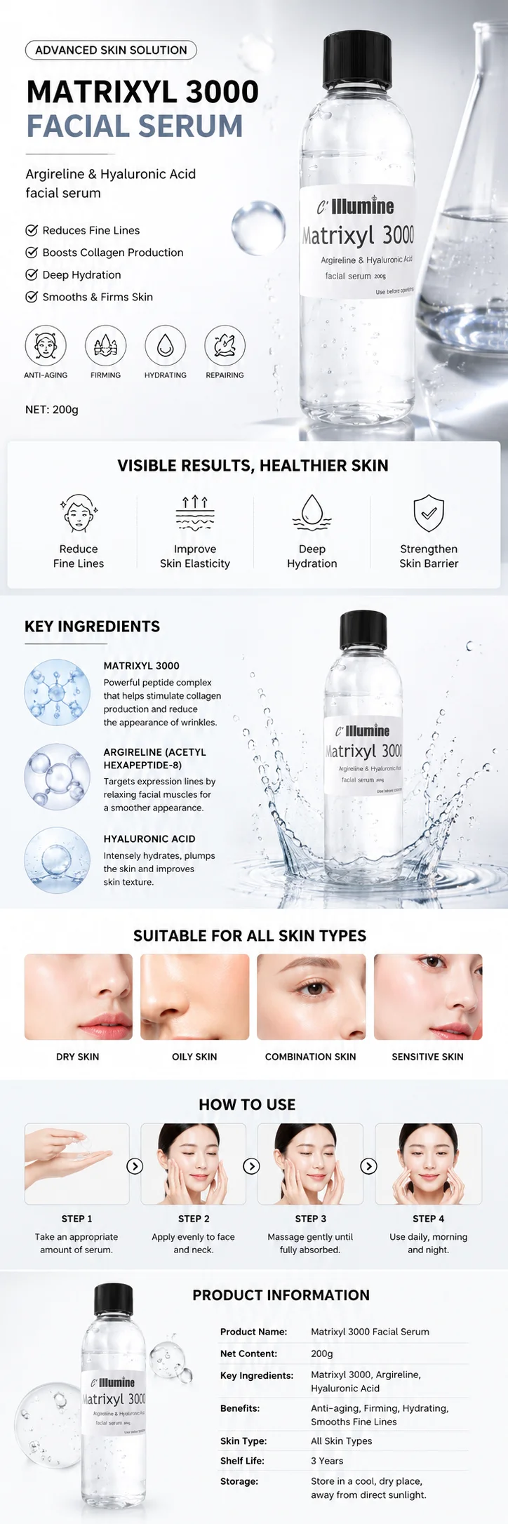 6Peptides Based Matrixyl 3000 Peptide Hyaluronic Acid Moisturizers ha Anti Wrinkle Firming Skin Care 50-1000ml