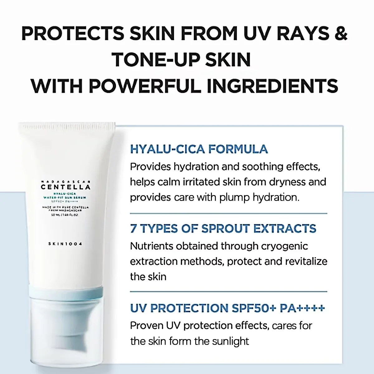 SKIN1004 Madagascar Centella Hyalu-Cica Water-Fit Sun Serum SPF50+ PA++++,Gentle,Outdoor High Protection,K-Beauty,Korean Makeup
