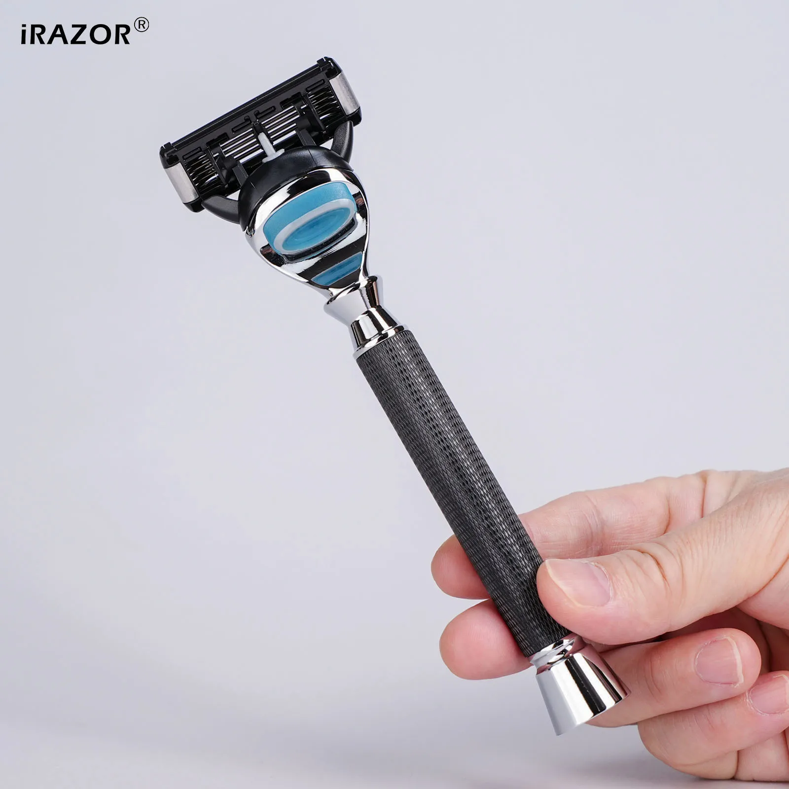 iRAZOR Premium 5-Blade Fusion Safety Razor Manual Shaver for Men Barber Beard Grooming Tool Black Textured Handle Birthday Gift