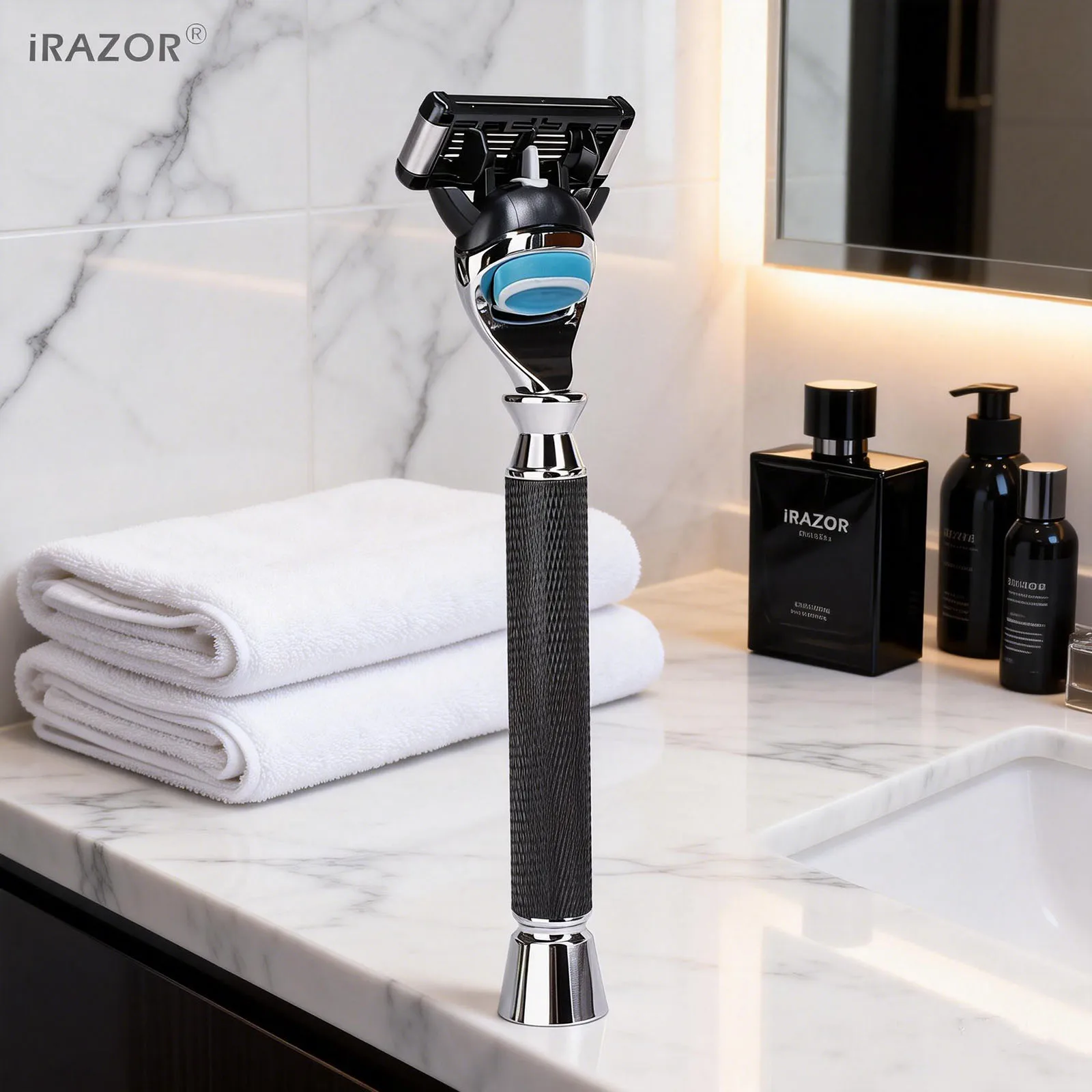 iRAZOR Premium 5-Blade Fusion Safety Razor Manual Shaver for Men Barber Beard Grooming Tool Black Textured Handle Birthday Gift