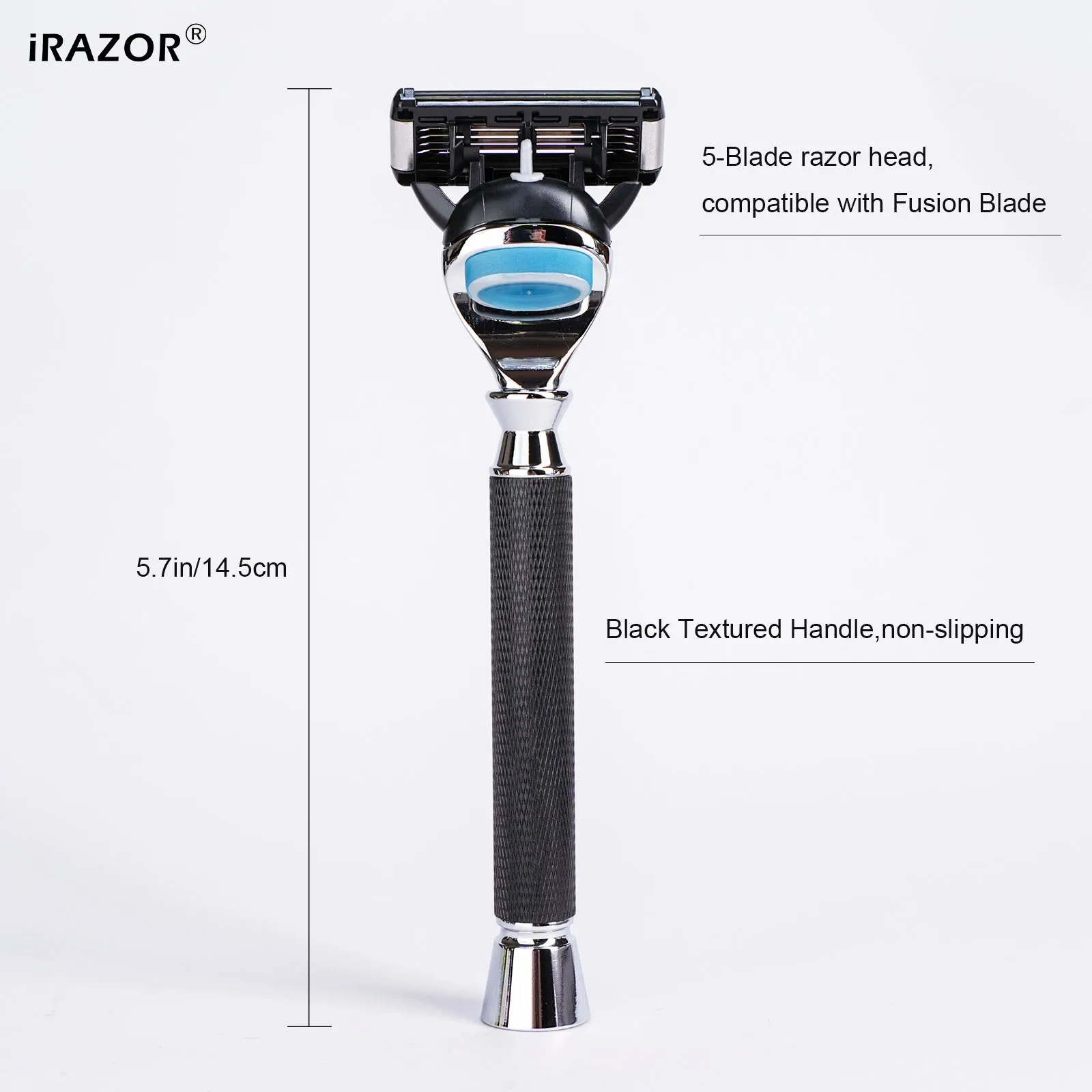 iRAZOR Premium 5-Blade Fusion Safety Razor Manual Shaver for Men Barber Beard Grooming Tool Black Textured Handle Birthday Gift
