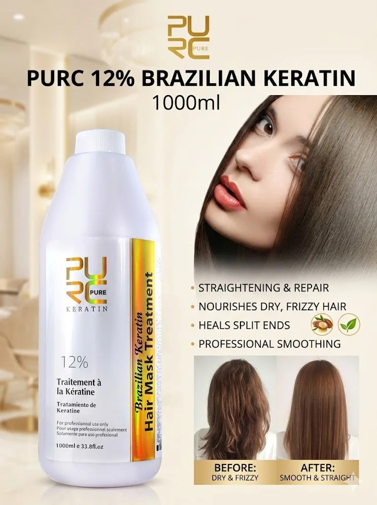 PURC 12% Brazilian Keratin 1000ml Hair Straightening & Repair Treatment Hydrating Silky Anti-Frizz Split Ends Hair Salon Care