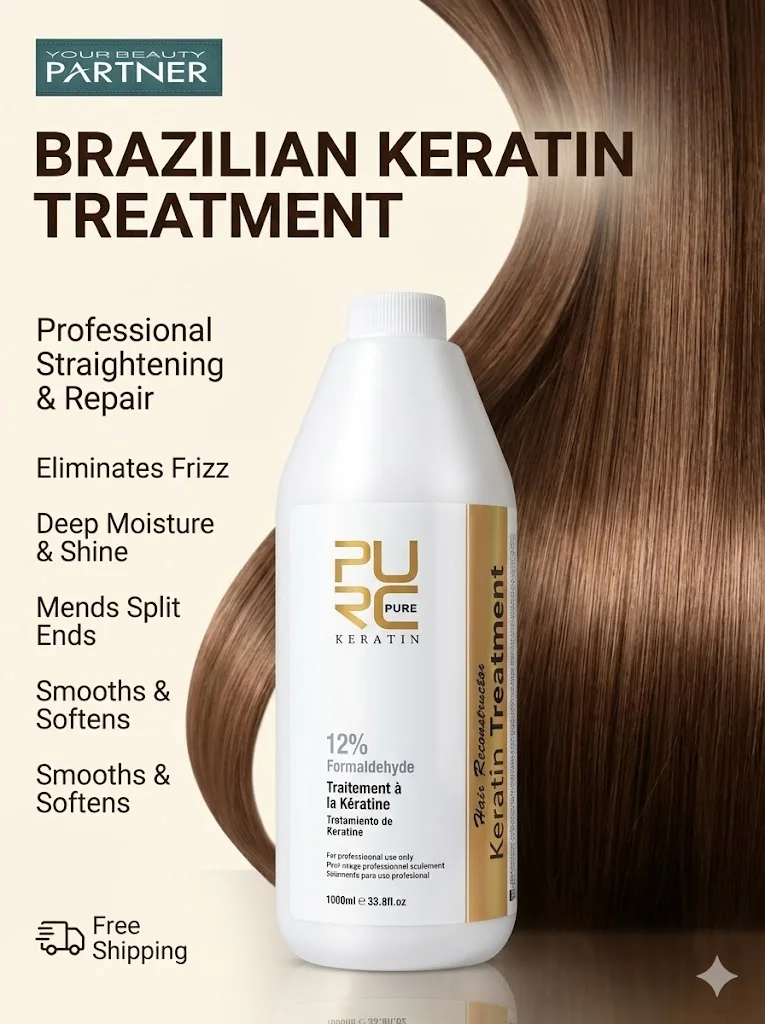 PURC 12% Brazilian Keratin 1000ml Hair Straightening & Repair Treatment Hydrating Silky Anti-Frizz Split Ends Hair Salon Care
