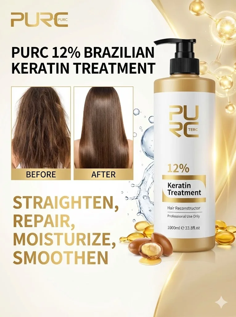 PURC 12% Brazilian Keratin 1000ml Hair Straightening & Repair Treatment Hydrating Silky Anti-Frizz Split Ends Hair Salon Care