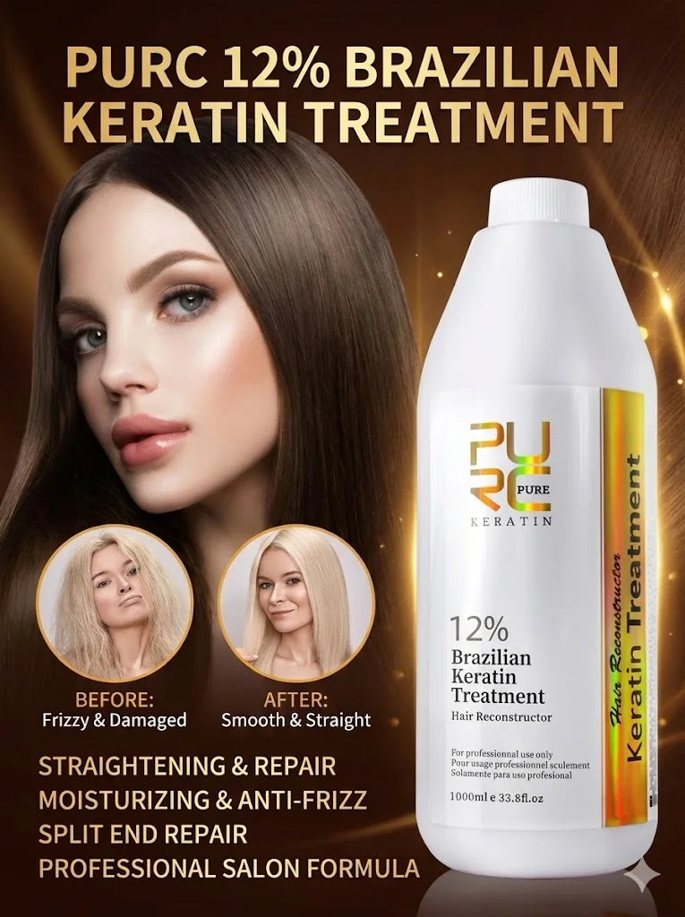 PURC 12% Brazilian Keratin 1000ml Hair Straightening & Repair Treatment Hydrating Silky Anti-Frizz Split Ends Hair Salon Care