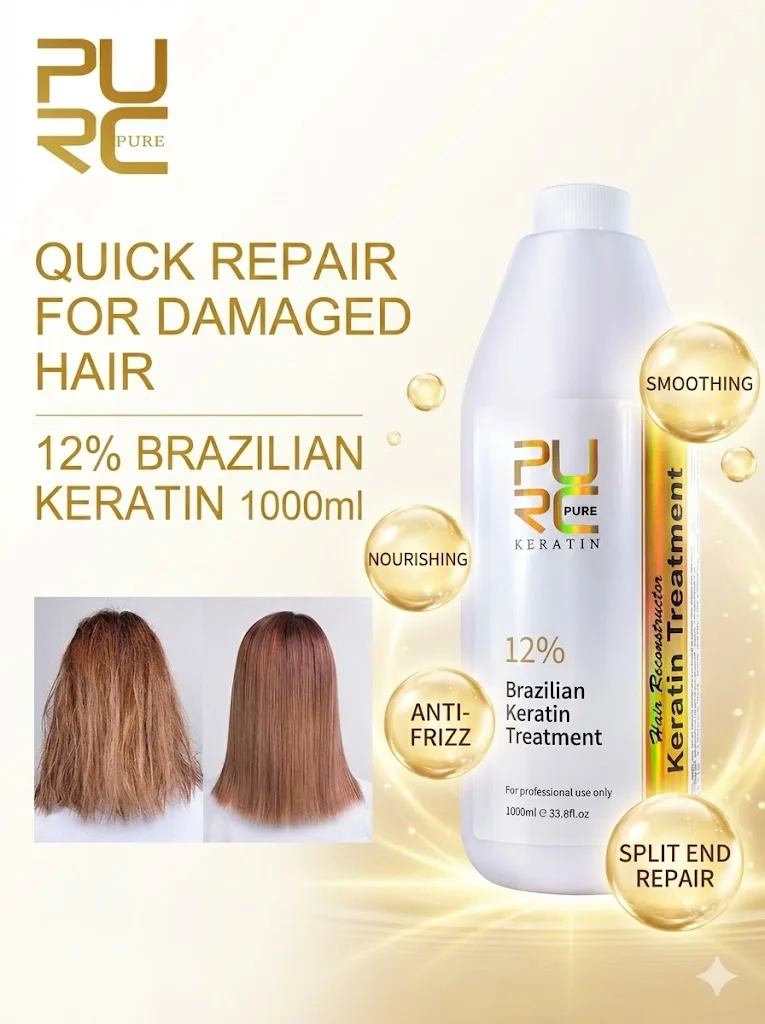 PURC 12% Brazilian Keratin 1000ml Hair Straightening & Repair Treatment Hydrating Silky Anti-Frizz Split Ends Hair Salon Care
