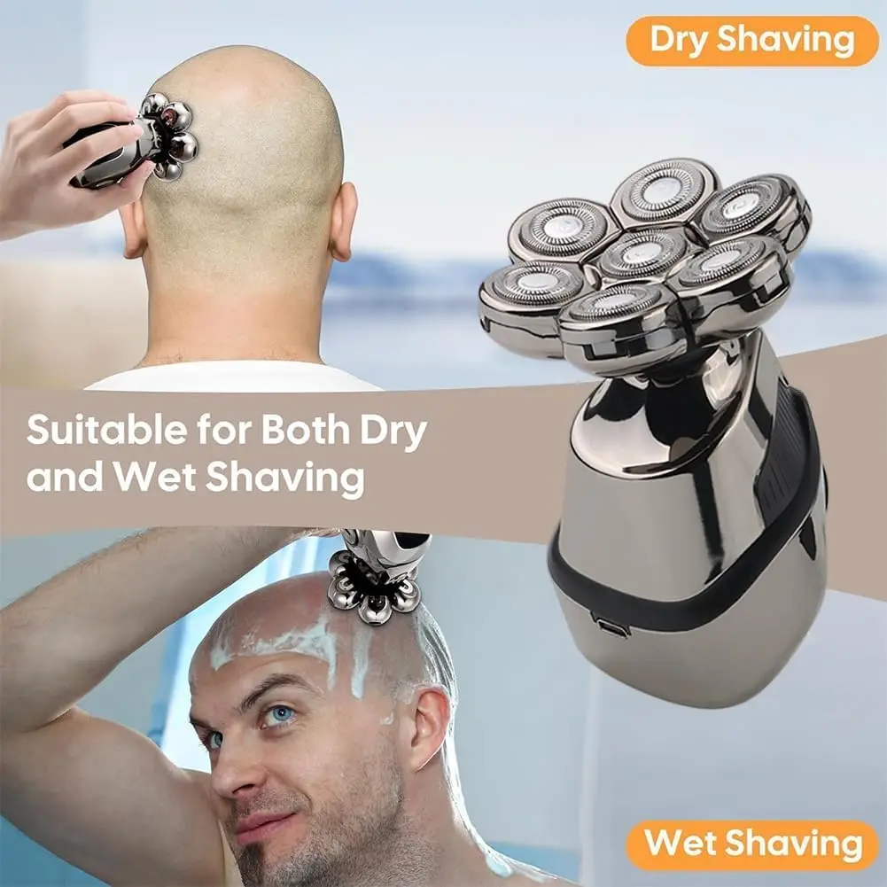 7D Head Electric Razor for Men, Multifunctional Bald Head Shaver Grooming Kit, Waterproof Type-C USB Rechargeable 6 in 1 Cordles