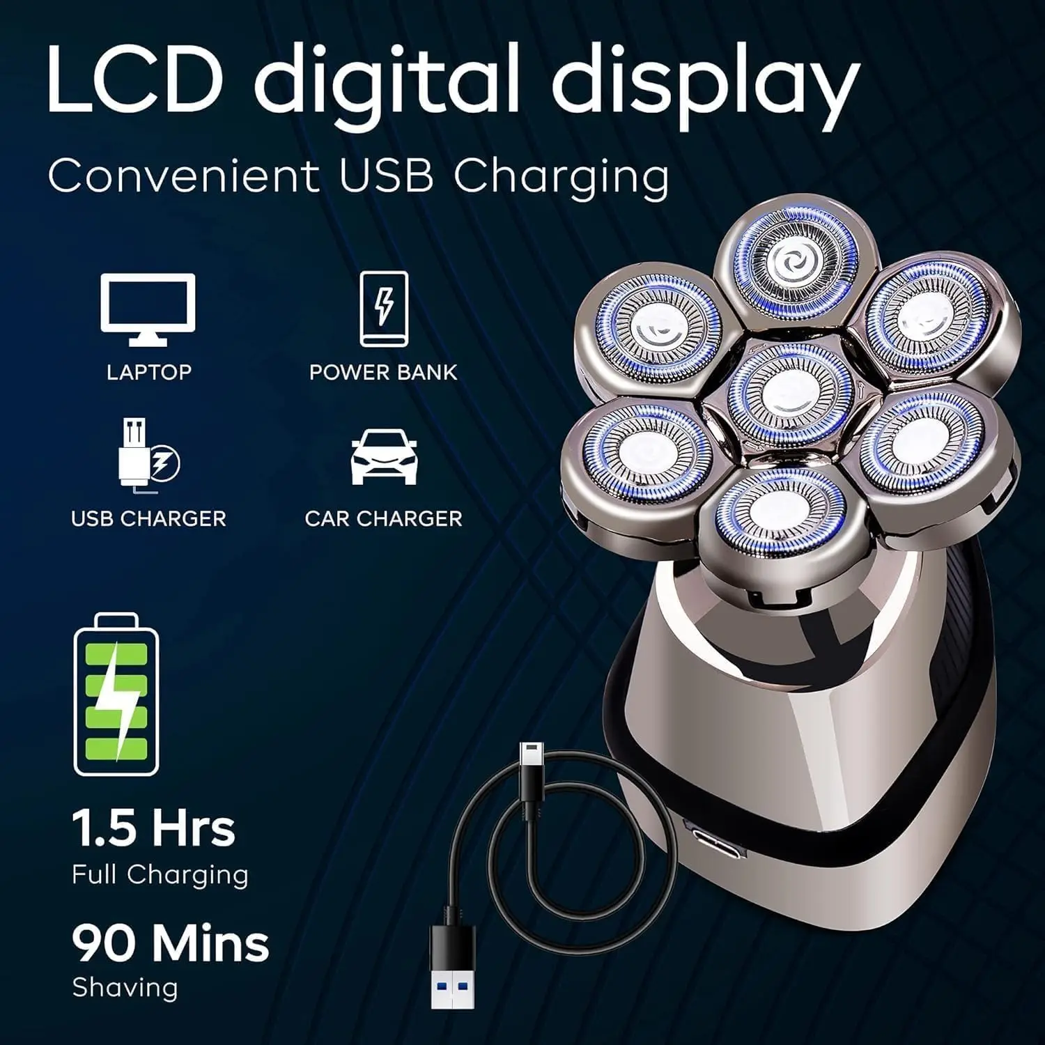 7D Head Electric Razor for Men, Multifunctional Bald Head Shaver Grooming Kit, Waterproof Type-C USB Rechargeable 6 in 1 Cordles