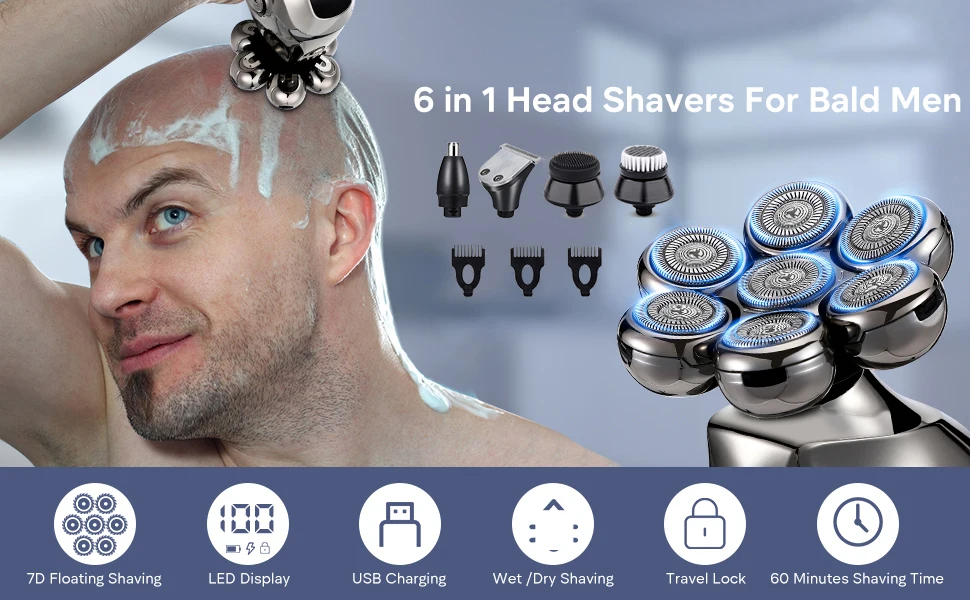 7D Head Electric Razor for Men, Multifunctional Bald Head Shaver Grooming Kit, Waterproof Type-C USB Rechargeable 6 in 1 Cordles