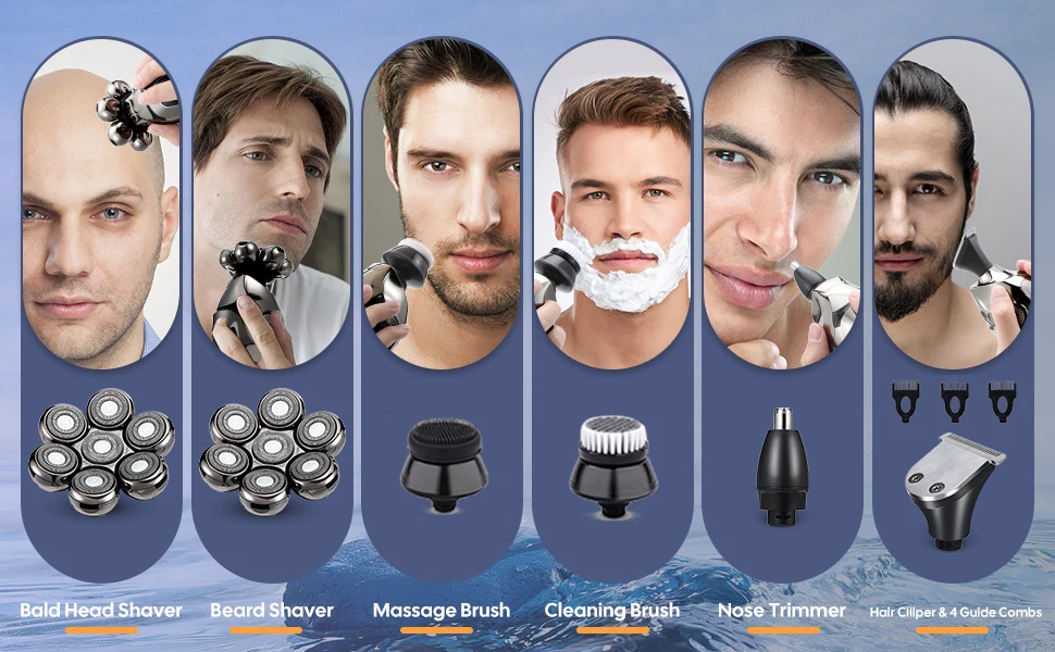 7D Head Electric Razor for Men, Multifunctional Bald Head Shaver Grooming Kit, Waterproof Type-C USB Rechargeable 6 in 1 Cordles