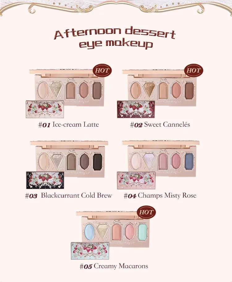 Flower Knows Strawberry Rococo Eyeshadow Pressed Glitter 5 Color Eye Shadow Creamy Texture Natural Bronze Cosmetic Eye Shadows