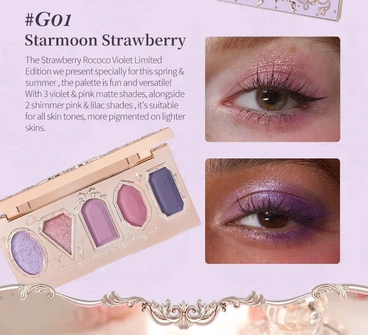Flower Knows Strawberry Rococo Eyeshadow Pressed Glitter 5 Color Eye Shadow Creamy Texture Natural Bronze Cosmetic Eye Shadows