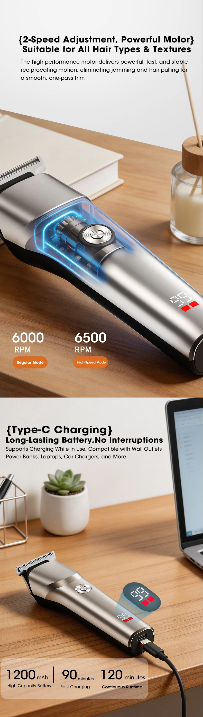 Electric Hair Clipper Hair Cutting Machine For Men Type-C Rechargeable Grooming Tools