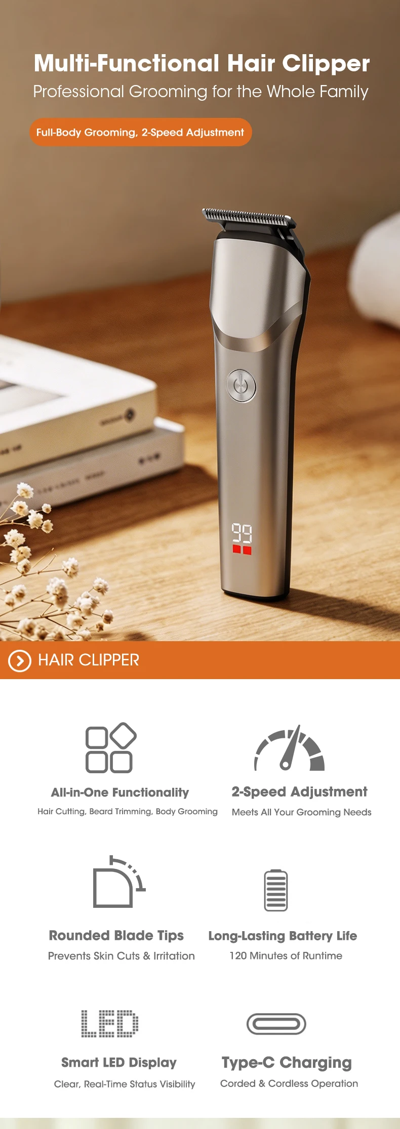 Electric Hair Clipper Hair Cutting Machine For Men Type-C Rechargeable Grooming Tools