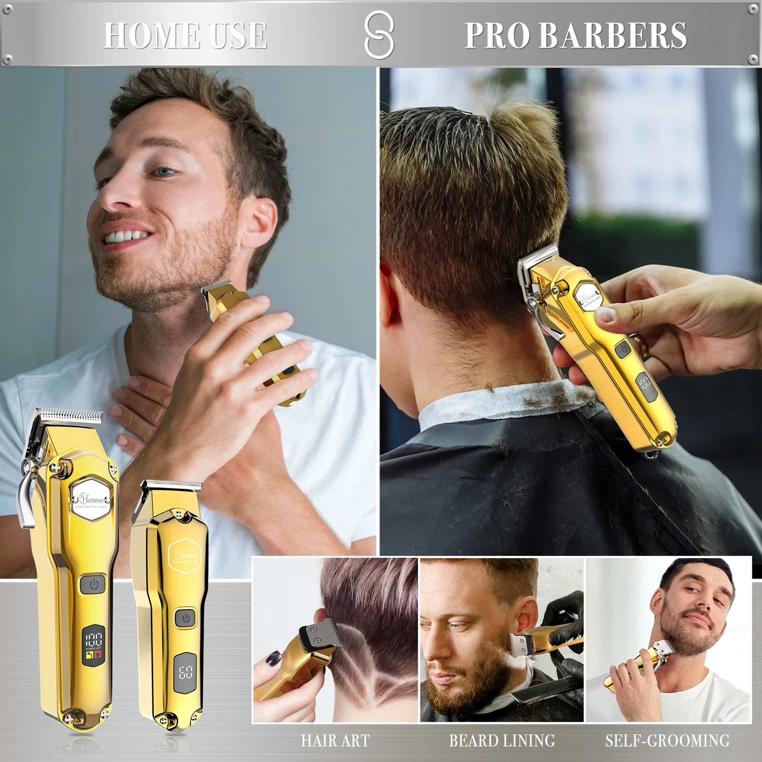 HATTEKER Professional Hair Clipper for Men Cordless Metal Barber Clipper and Trimmer Set Clipper for Hair Cutting Kit