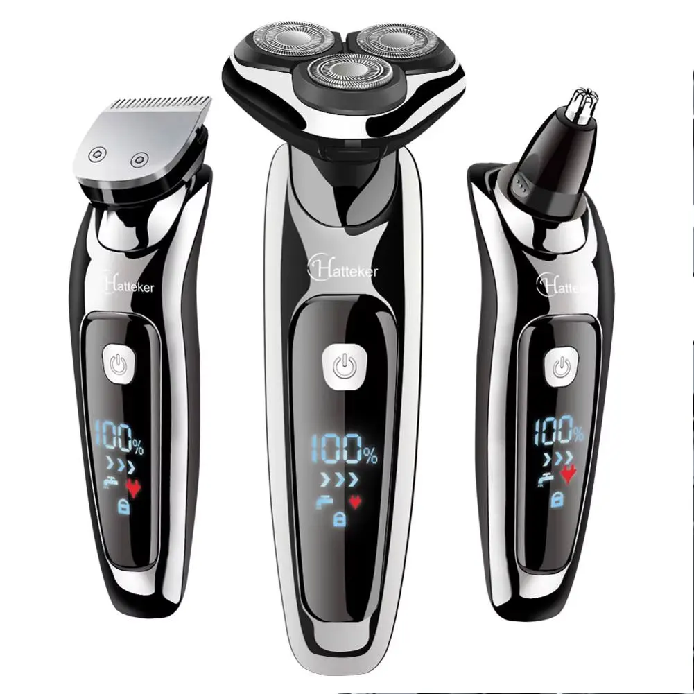 Hatteker 3-in-1 Beard Trimmer for Man Grooming Kit Electric Shaver Men Nose Hair Cutter with LED Display USB Rechargeable