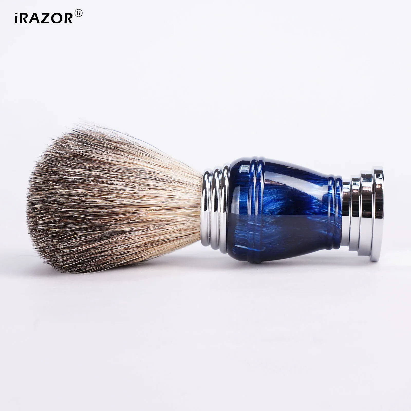 iRAZOR Premium Shaving Brush for Shaver Men with Natural Hair Space Blue Resin Handle Wet Shave Barber Beard Grooming Tool Gift