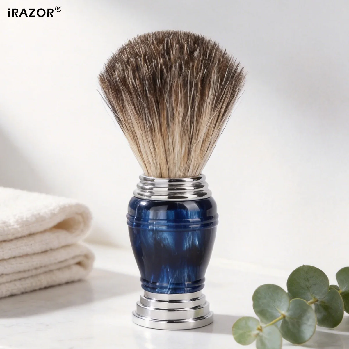 iRAZOR Premium Shaving Brush for Shaver Men with Natural Hair Space Blue Resin Handle Wet Shave Barber Beard Grooming Tool Gift