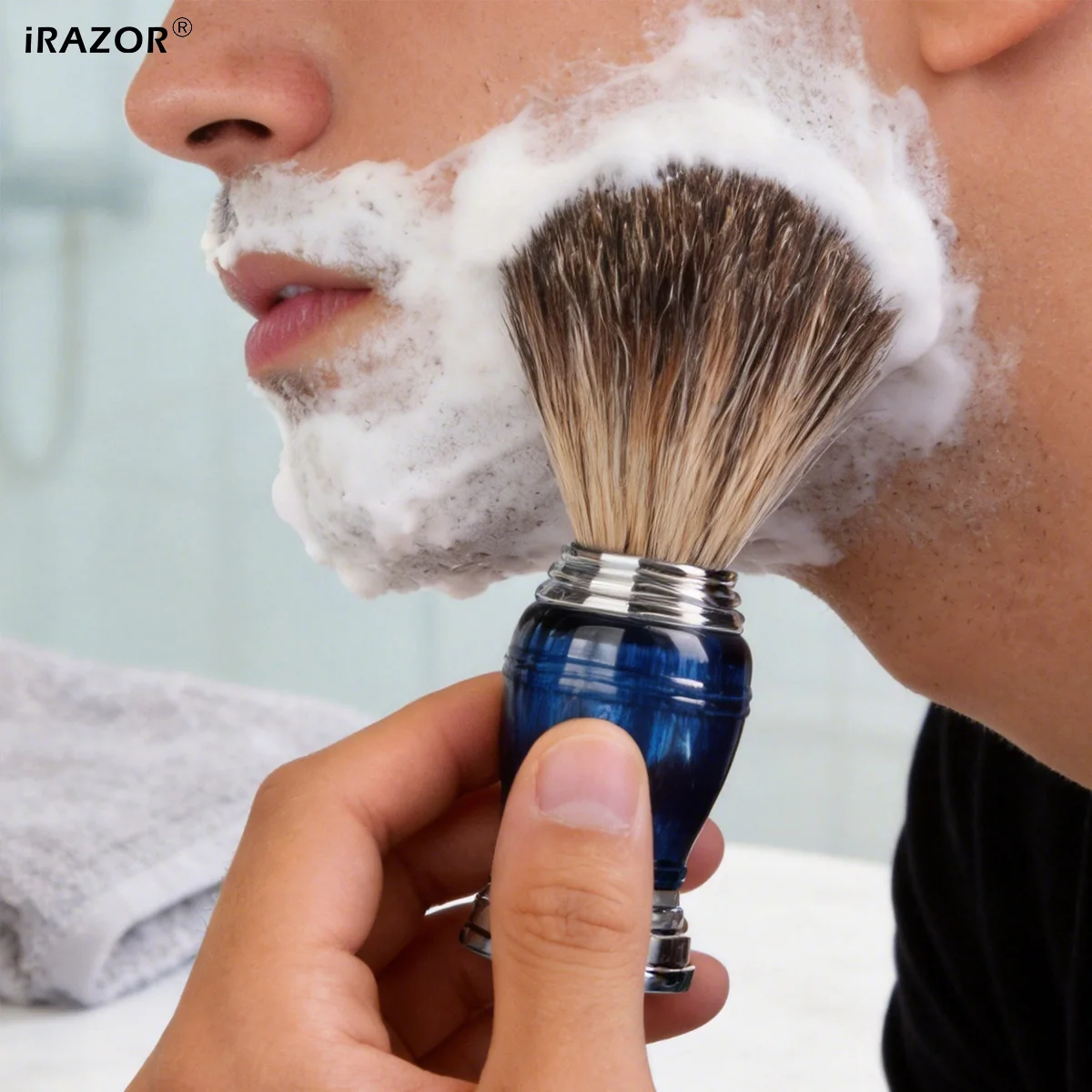 iRAZOR Premium Shaving Brush for Shaver Men with Natural Hair Space Blue Resin Handle Wet Shave Barber Beard Grooming Tool Gift
