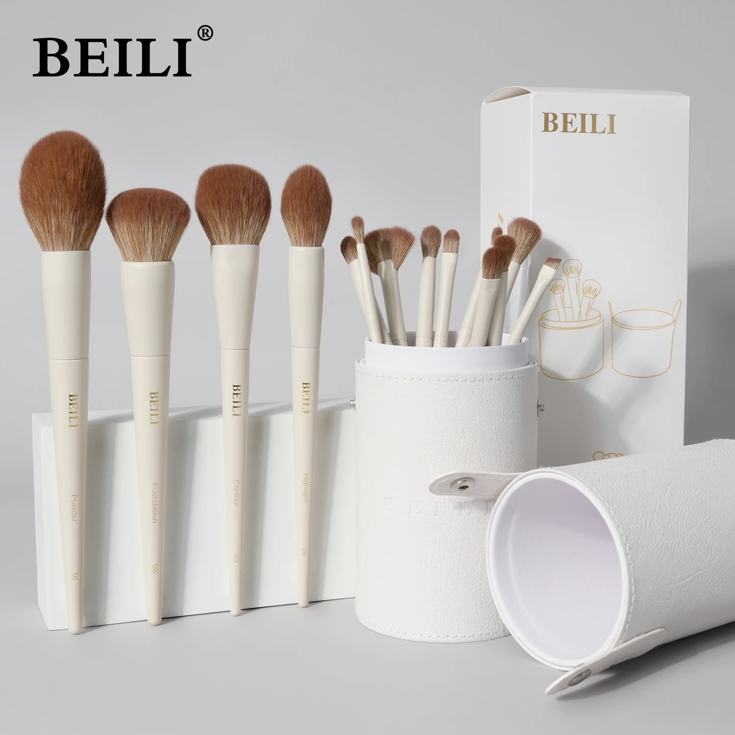 BEILI 15 Pcs Beige Premium Synthetic Makeup Brush Sets Foundation Concealer Eyeshadow Eyeliner Blush Blending Highlight Brush