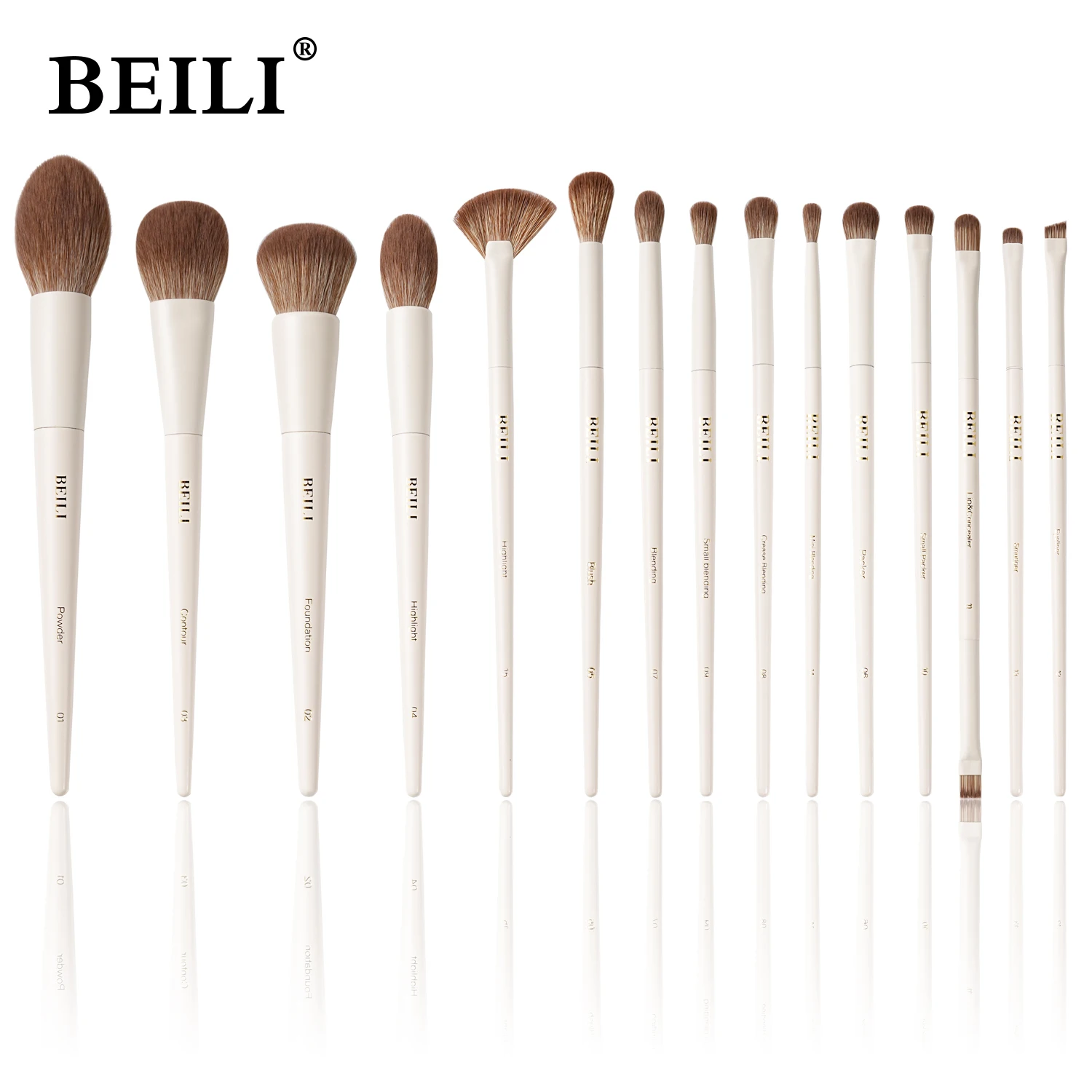 BEILI 15 Pcs Beige Premium Synthetic Makeup Brush Sets Foundation Concealer Eyeshadow Eyeliner Blush Blending Highlight Brush