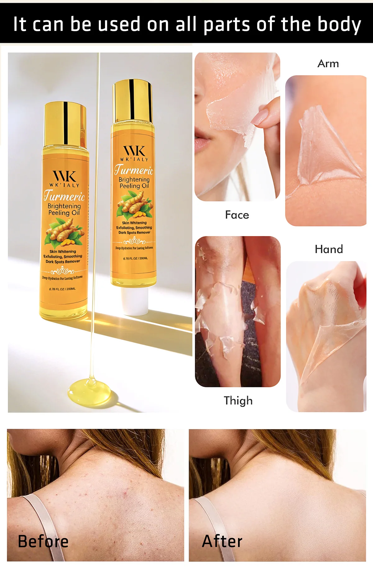 WK JALY Yellow Peeling Oil For All Skin Tone, With Natural Turmeric, Lightening, Improve Rough Skin, Clean, Smooth, 200ml