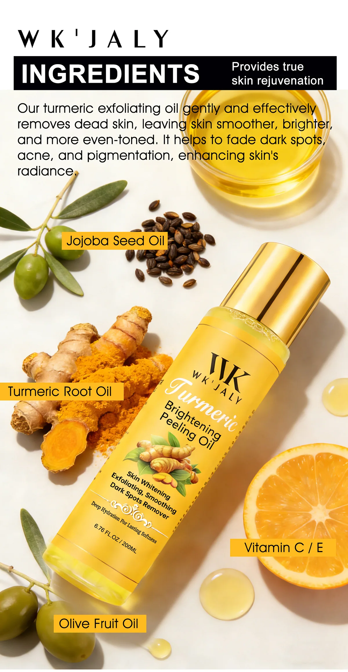 WK JALY Yellow Peeling Oil For All Skin Tone, With Natural Turmeric, Lightening, Improve Rough Skin, Clean, Smooth, 200ml