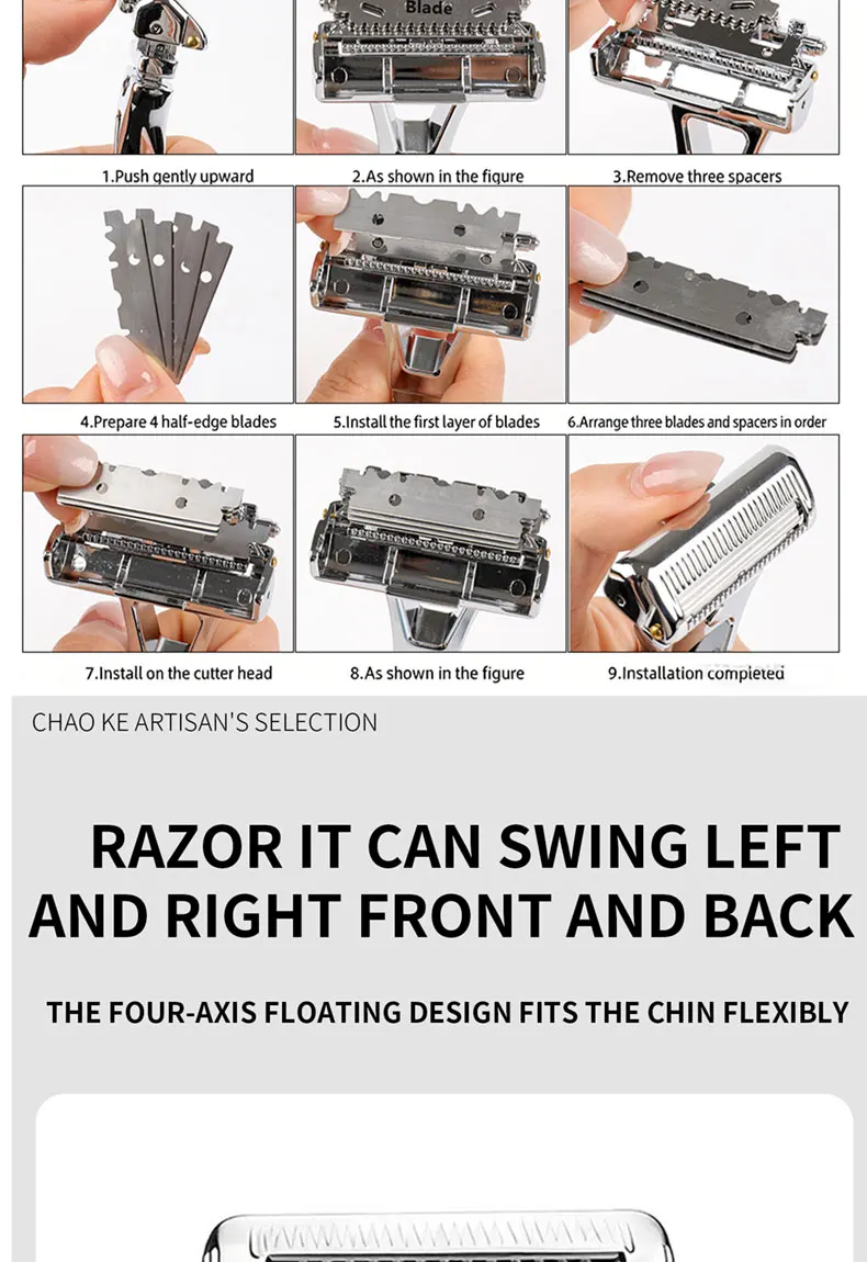 Chaoke 4-Blade Manual Razor, All-Metal Men's Shaving Razor, Vintage Beard Shaver