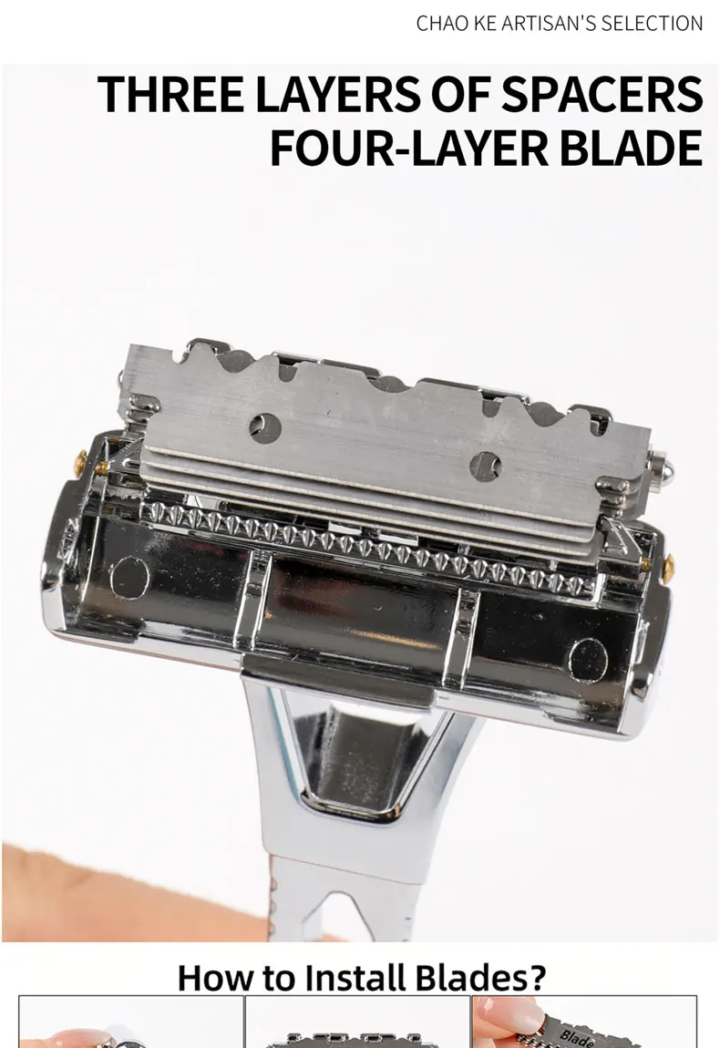 Chaoke 4-Blade Manual Razor, All-Metal Men's Shaving Razor, Vintage Beard Shaver