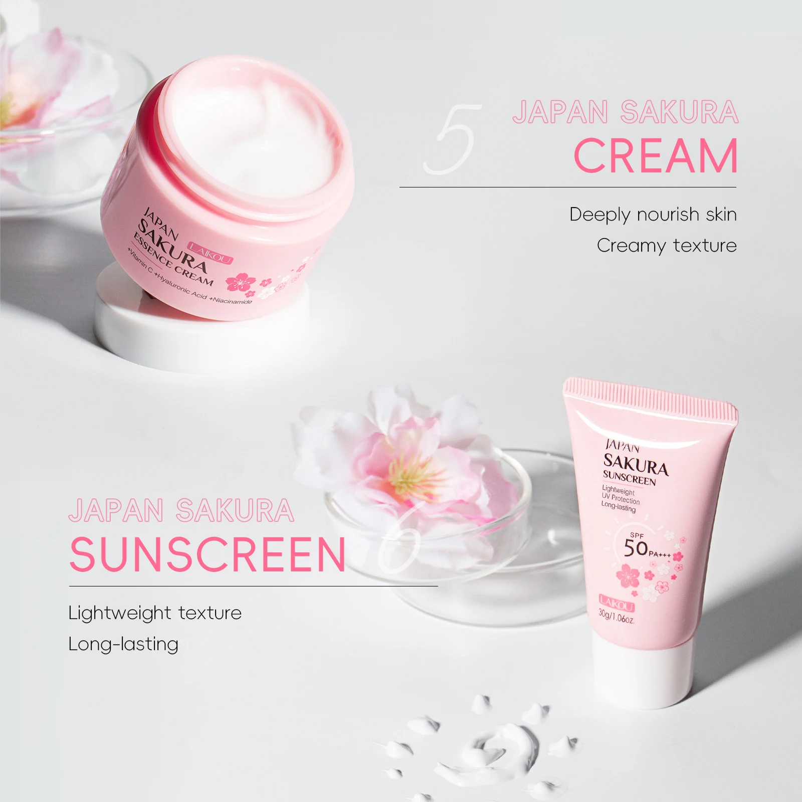 LAIKOU Japan Sakura Full Skincare Set Cleanser Toner Serum Cream Eye Cream Sunscreen Travel Kit Complete Facial Care