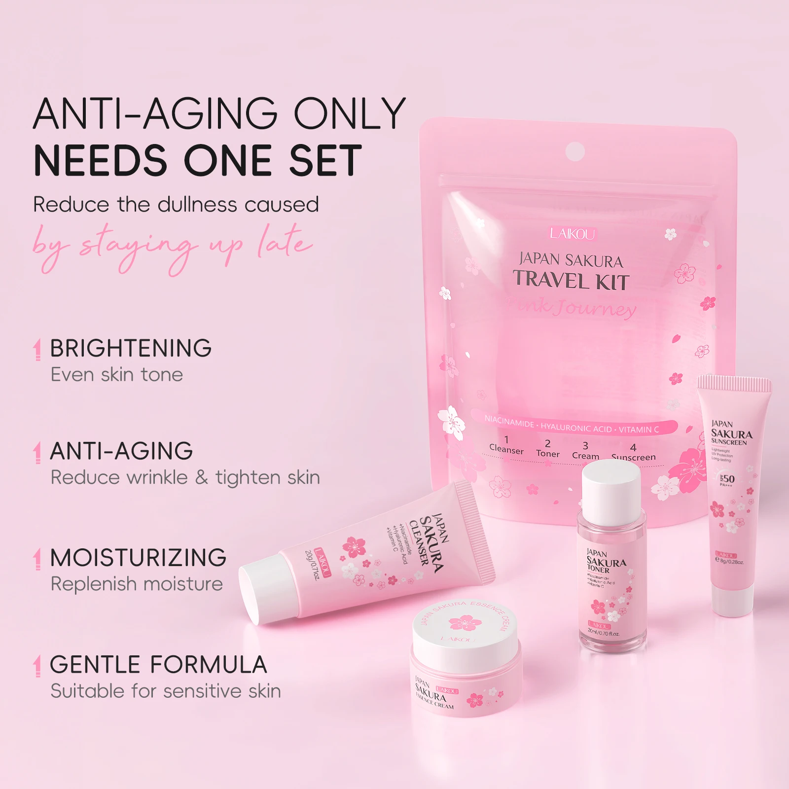 LAIKOU Japan Sakura Full Skincare Set Cleanser Toner Serum Cream Eye Cream Sunscreen Travel Kit Complete Facial Care